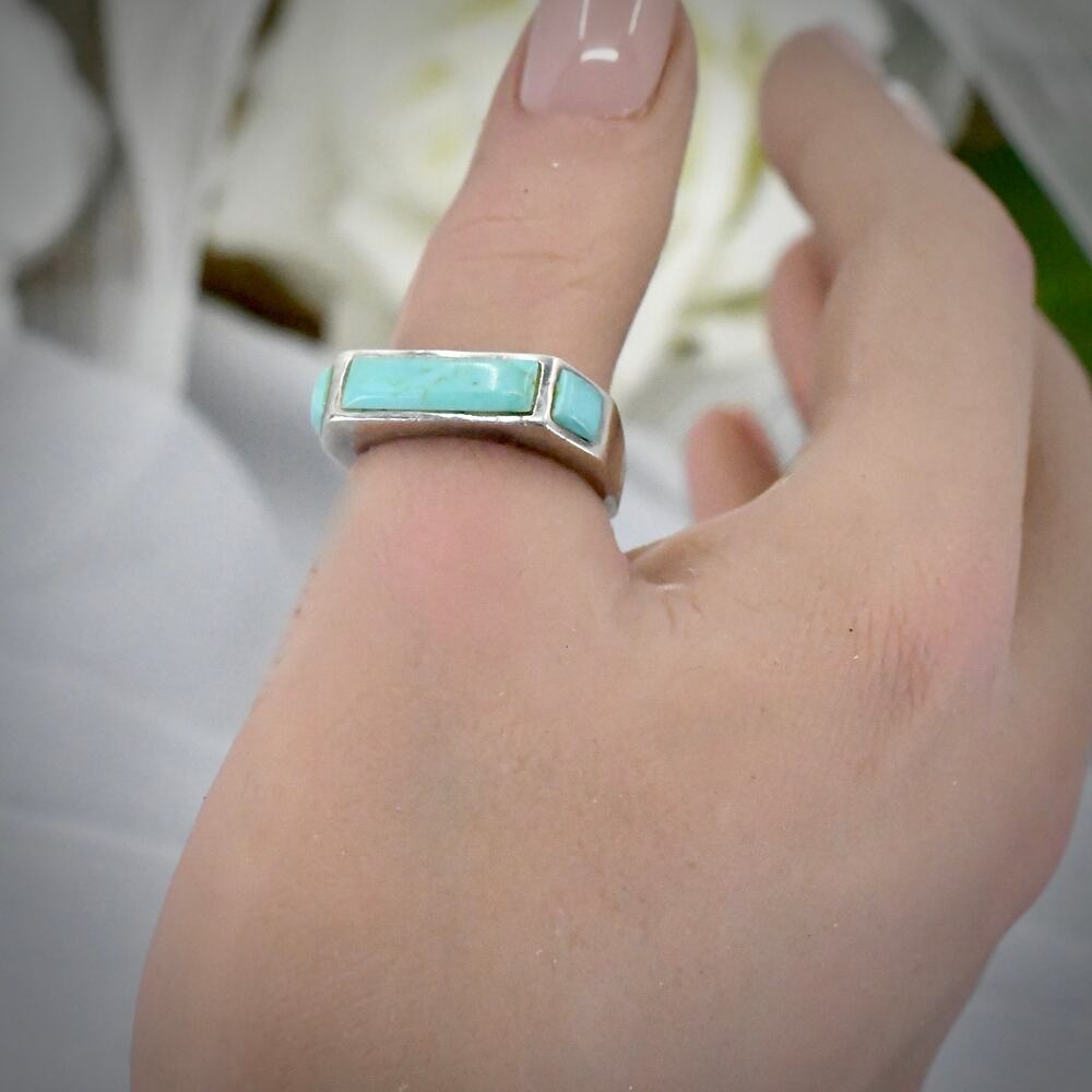 Vintage SS 925 Sterling Silver Ring Size 8 Turquoise Block Inlay 6.7g